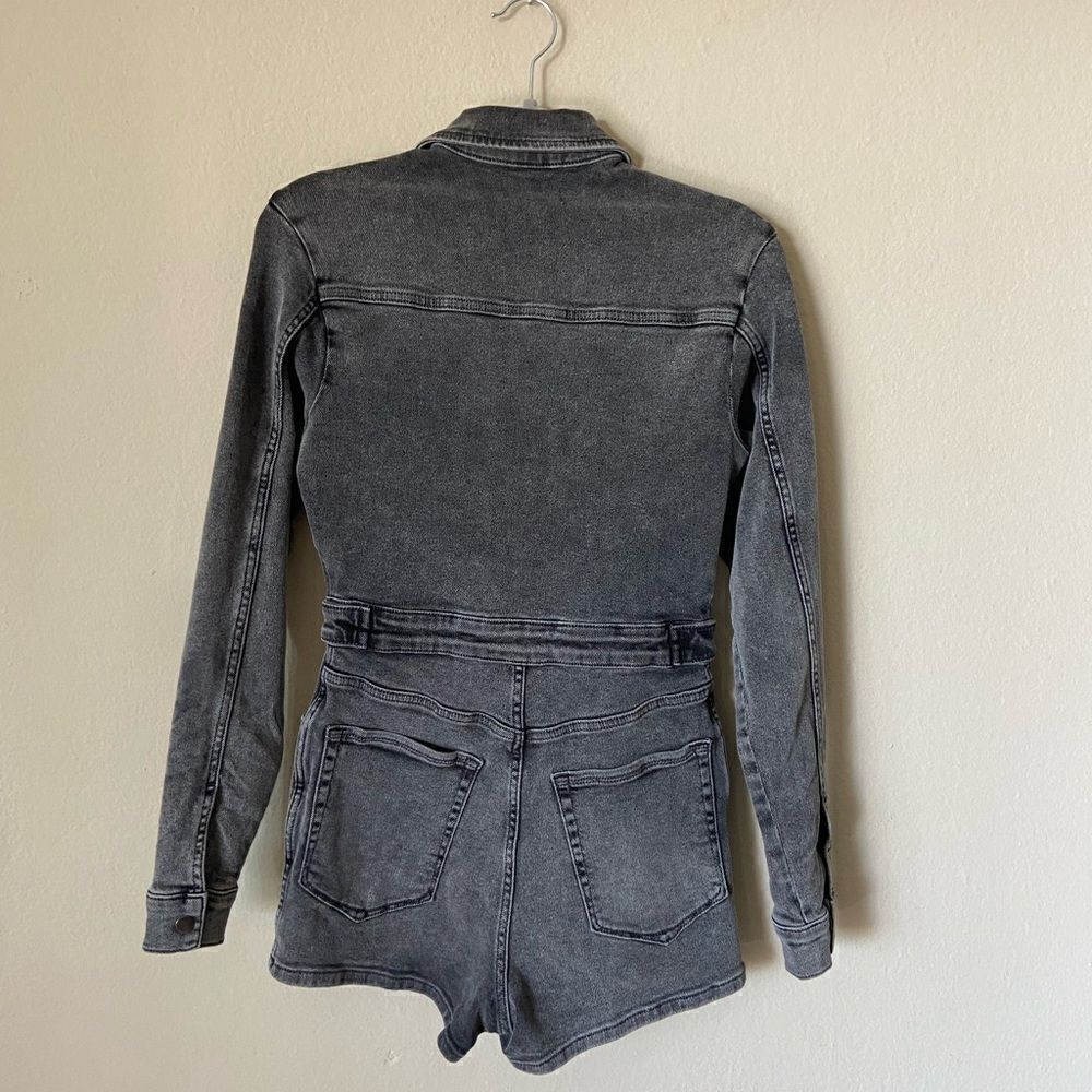 Good American Black Gray Denim Romper Jean Long Sleeve Collared One Piece Sze 2 - Picture 9 of 11